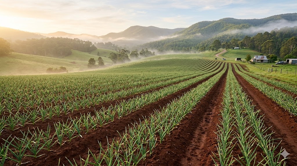Garlic rows in rich red soil with Victorian high country hills in the background
