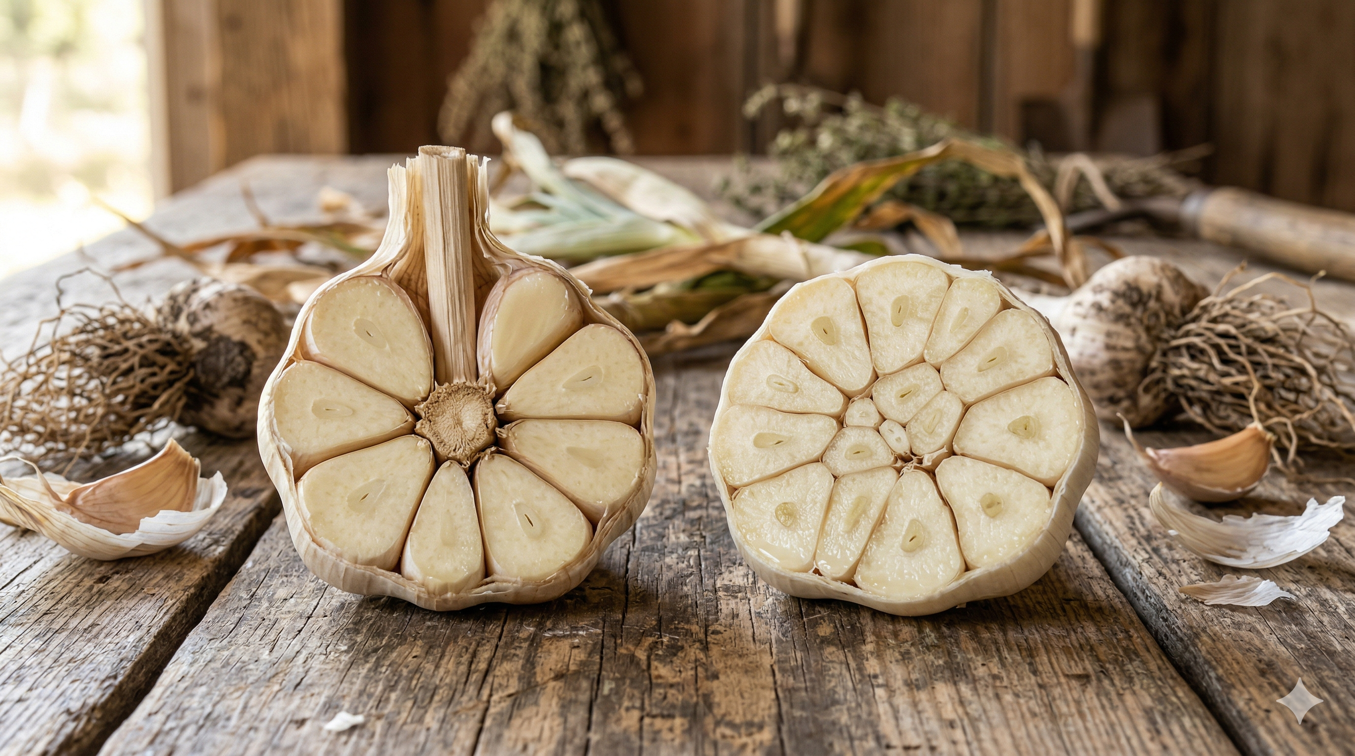 Hardneck and softneck garlic bulbs cut in half showing clove arrangement on a weathered timber table