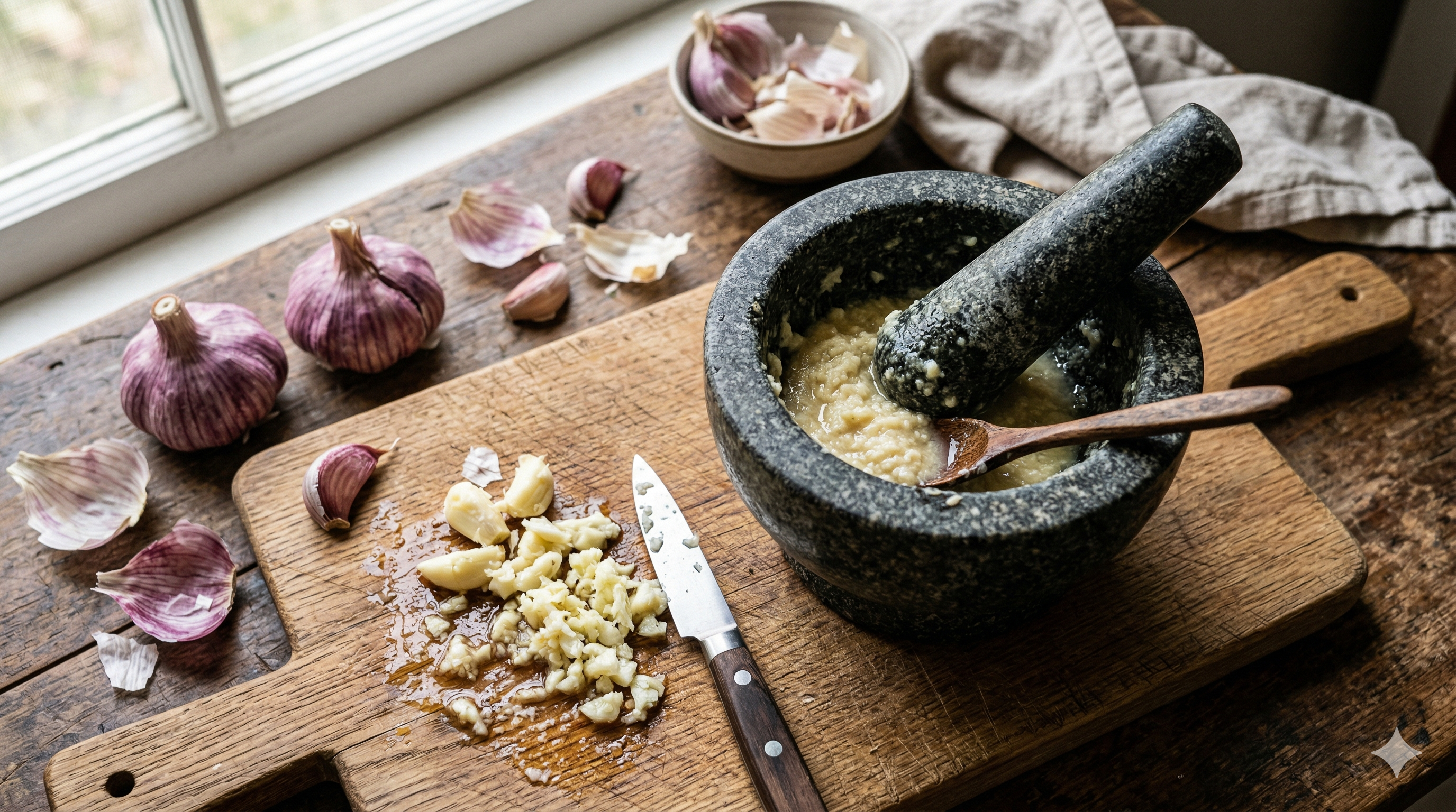 Freshly crushed garlic cloves with mortar and pestle on a rustic wooden cutting board