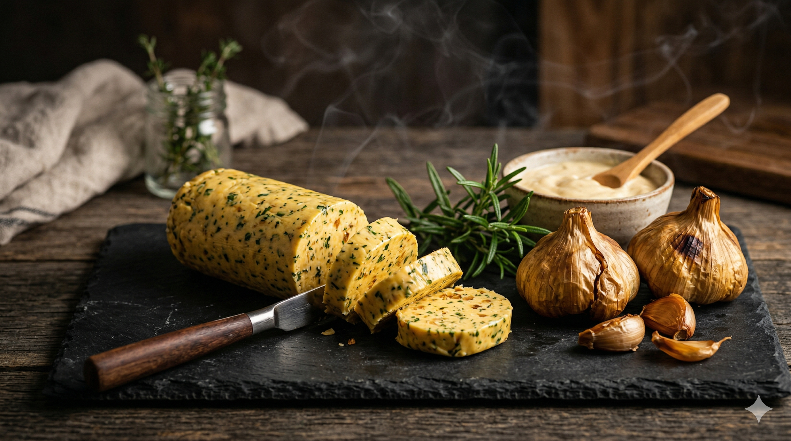 Sliced garlic compound butter with herb flecks on a dark slate board next to smoked garlic bulbs and a bowl of aioli