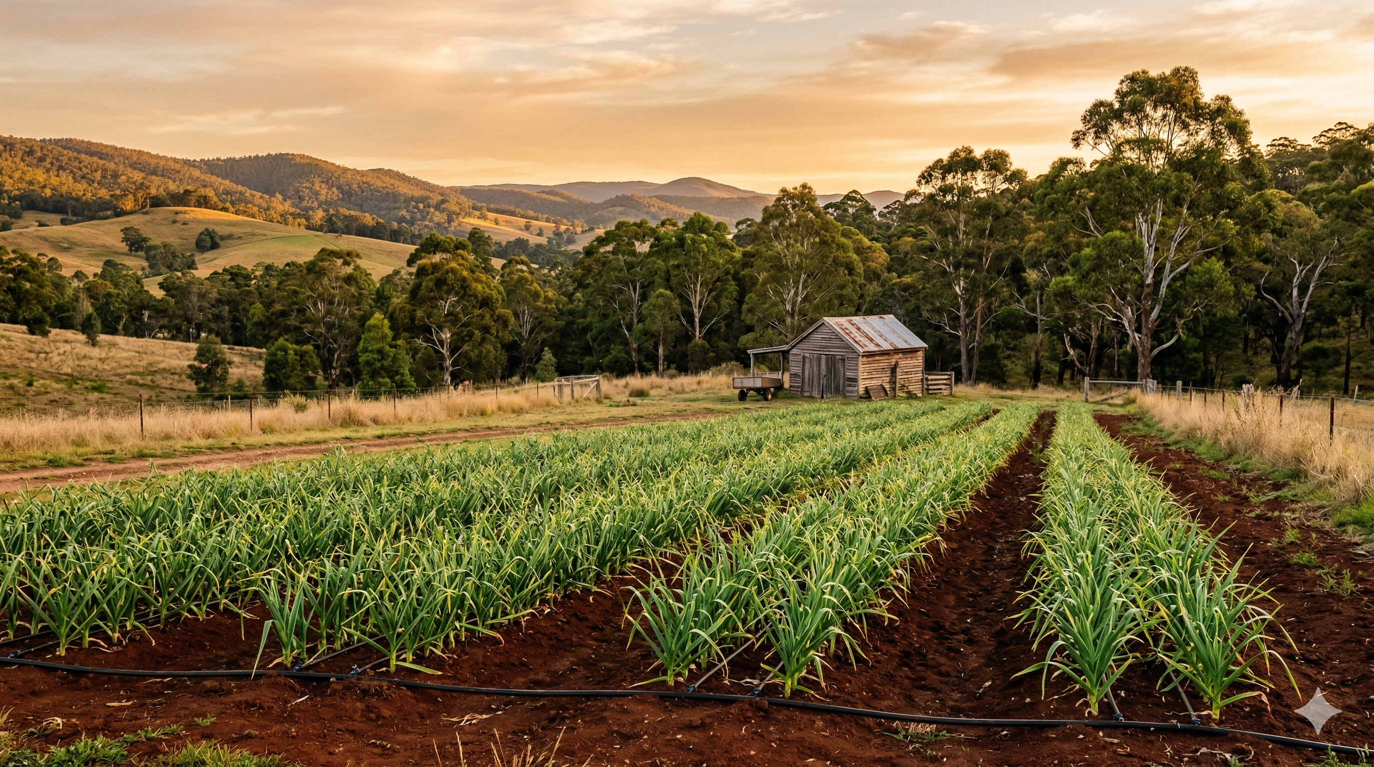 Rows of green garlic plants in red-brown soil with a timber curing shed and Victorian high country hills at golden hour