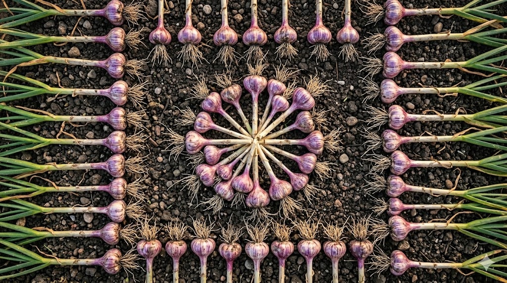 Freshly harvested purple garlic bulbs on rich dark soil