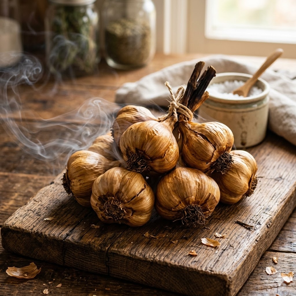 Cold-smoked garlic bulbs with golden-brown skin