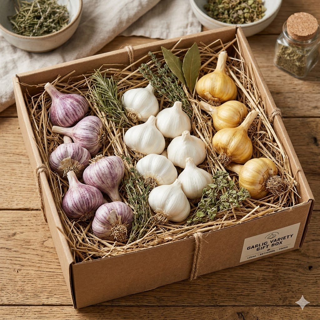 Gift box with three varieties of garlic nestled in straw