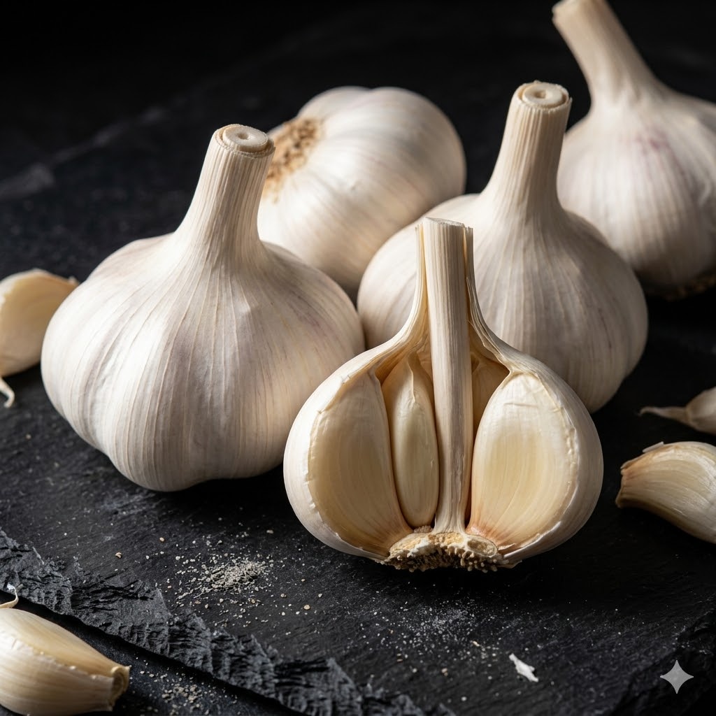 Music garlic with large bulbs and white porcelain-like skin